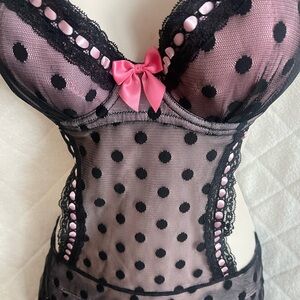 Victoria's Secret Black and Pink Sheer Polka Dot Chemise 2 pc set